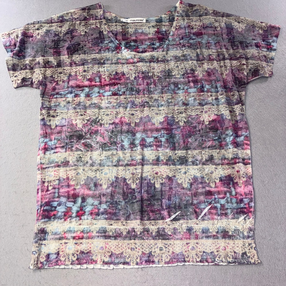 308 Maurices T-Shirt Womens 0 Purple Lace Print Rhinestone Scoop Neck Top